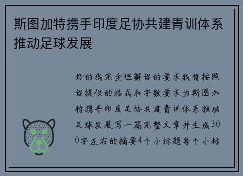 斯图加特携手印度足协共建青训体系推动足球发展 斯图加特携手印度足协共建青训体系推动足球发展